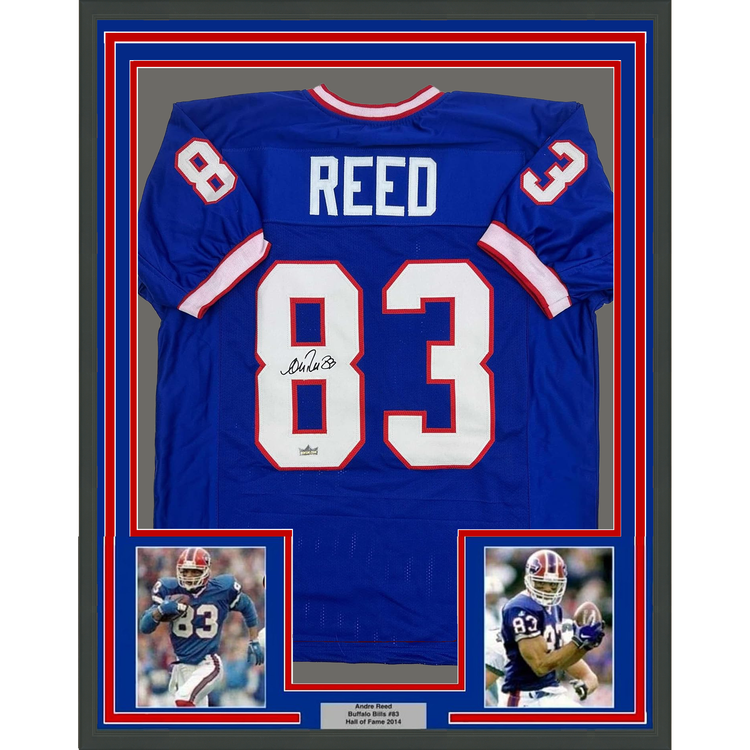 Framed Facsimile Autographed Andre Reed 35x39 Buffalo Blue Reprint Laser Auto Football Jersey