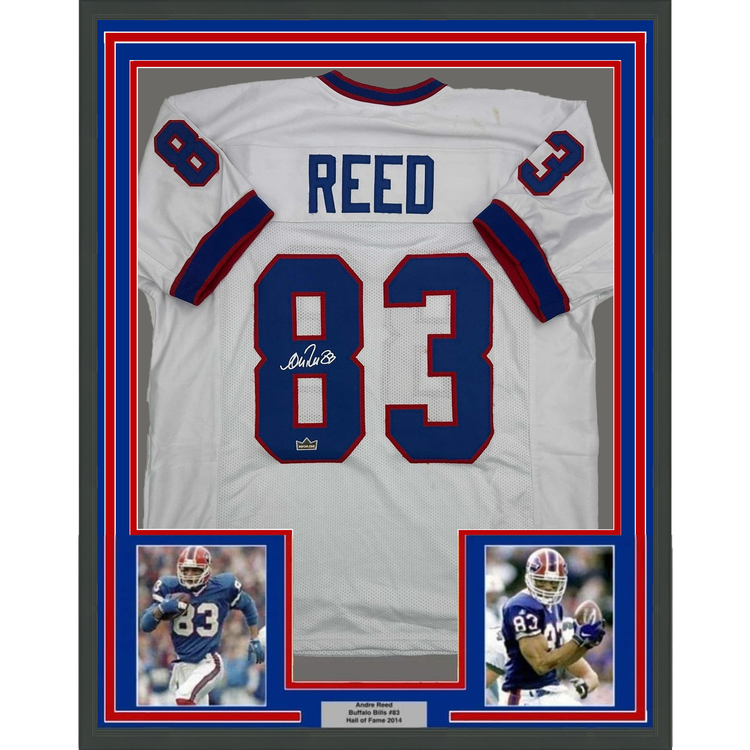 Framed Facsimile Autographed Andre Reed 35x39 Buffalo White Reprint Laser Auto Football Jersey