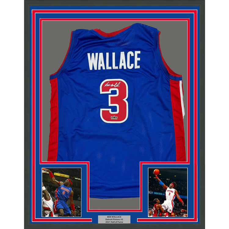 Framed Facsimile Autographed Ben Wallace 35x39 Detroit Blue Reprint Laser Auto Basketball Jersey