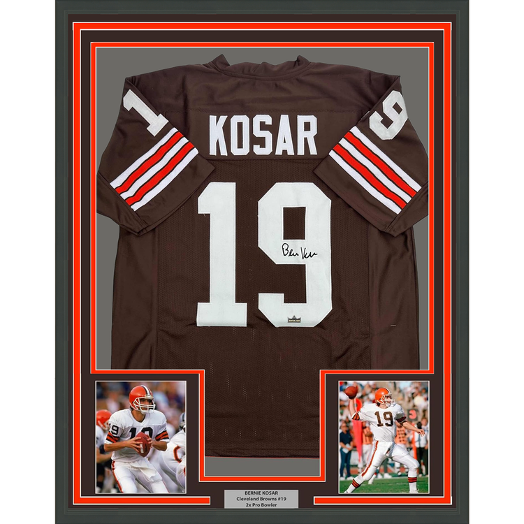 Framed Facsimile Autographed Bernie Kosar 35x39 Cleveland Brown Reprint Laser Auto Football Jersey