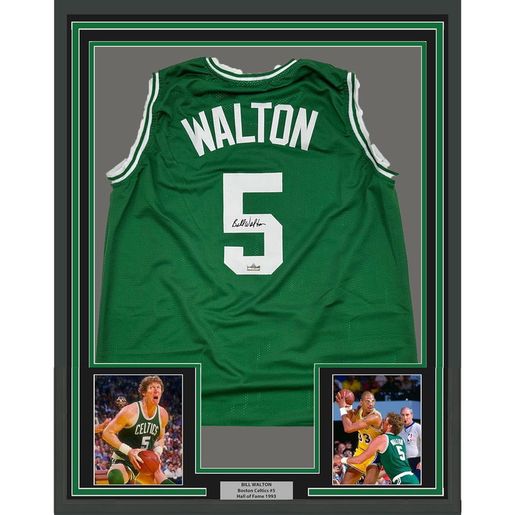 Framed Facsimile Autographed Bill Walton 35x39 Boston Green Reprint Laser Auto Basketball Jersey