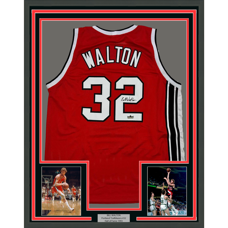 Framed Facsimile Autographed Bill Walton 35x39 Portland Red Reprint Laser Auto Basketball Jersey