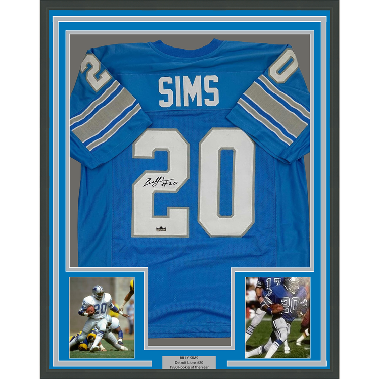 Framed Facsimile Autographed Billy Sims 35x39 Detroit Blue Reprint Laser Auto Football Jersey