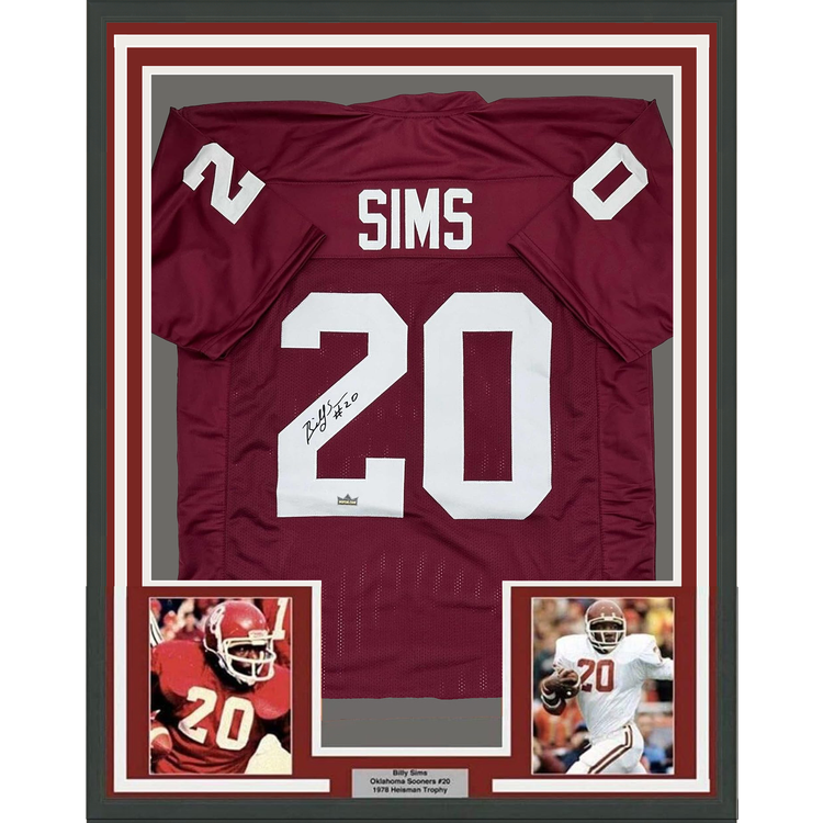 Framed Facsimile Autographed Billy Sims 35x39 Oklahoma Red Reprint Laser Auto College Football Jersey