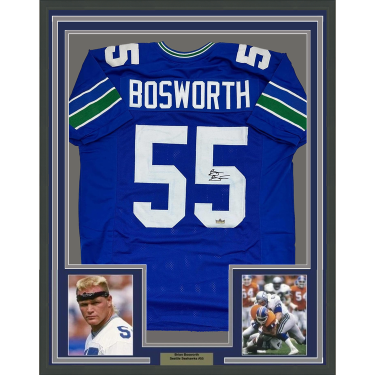 Framed Facsimile Autographed Brian Bosworth 35x39 Seattle Blue Reprint Laser Auto Football Jersey