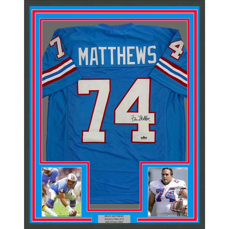 Framed Facsimile Autographed Bruce Matthews 35x39 Houston Blue Reprint Laser Auto Football Jersey