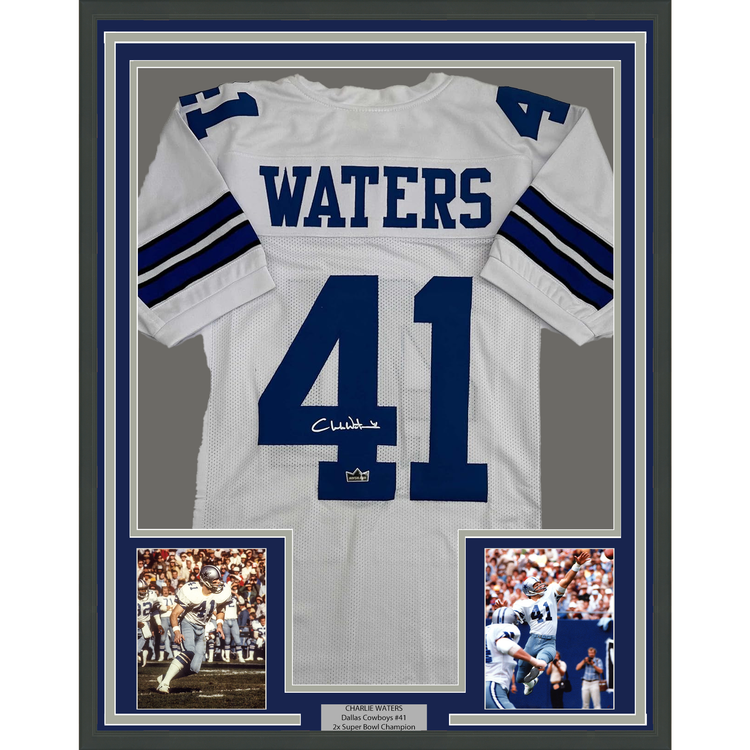 Framed Facsimile Autographed Charlie Waters 35x39 Dallas White Reprint Laser Auto Football Jersey