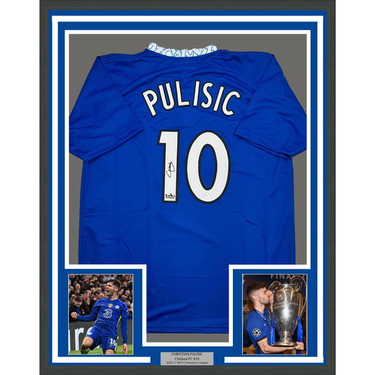 Framed Facsimile Autographed Christian Pulisic 35x39 Chelsea FC Blue Reprint Laser Auto Soccer Jersey