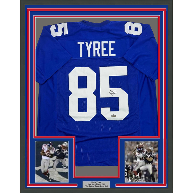 Framed Facsimile Autographed David Tyree 35x39 New York Blue Reprint Laser Auto Football Jersey