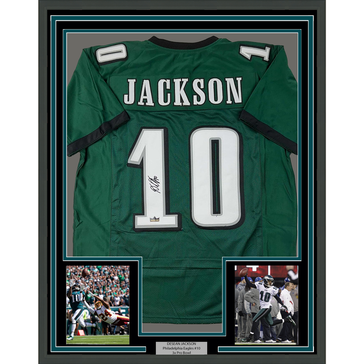 Framed Facsimile Autographed DeSean Jackson 35x39 Philadelphia Green Reprint Laser Auto Football Jersey