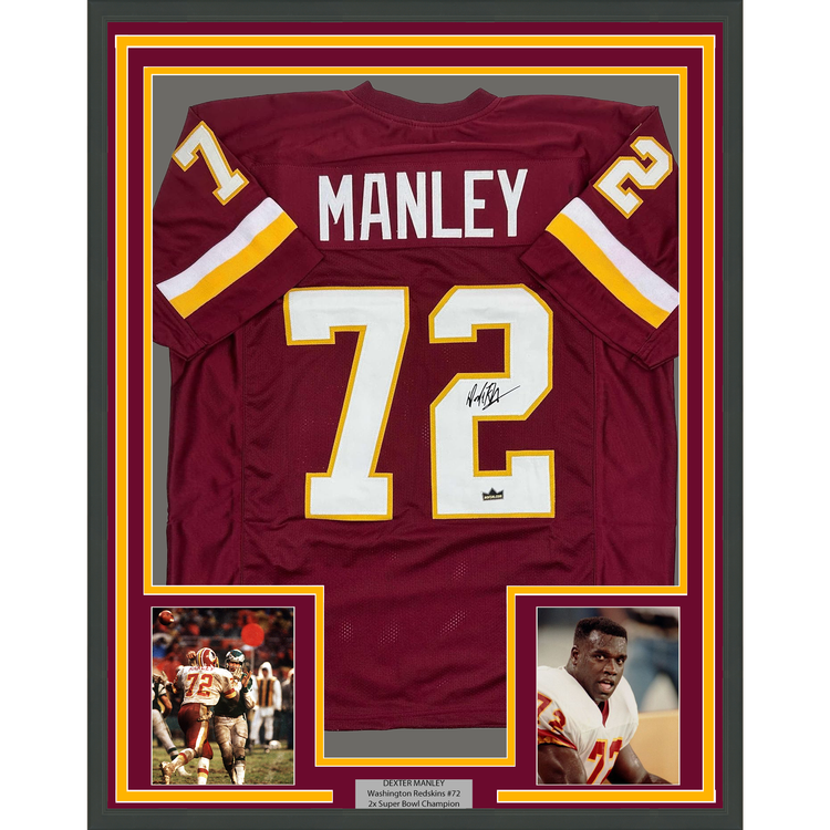 Framed Facsimile Autographed Dexter Manley 35x39 Washington Red Reprint Laser Auto Football Jersey
