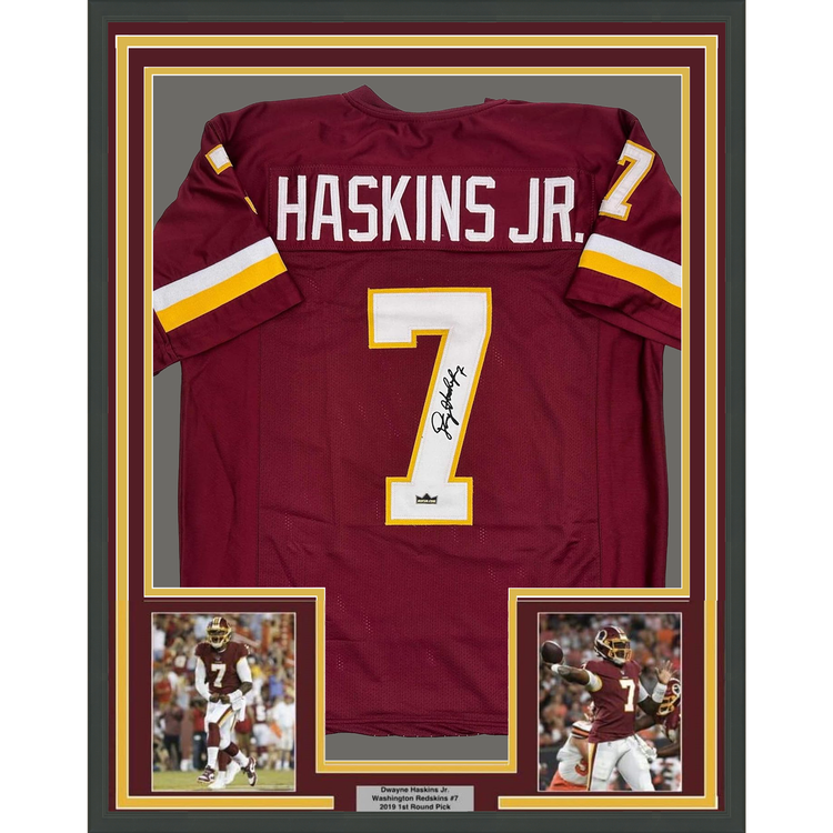 Framed Facsimile Autographed Dwayne Haskins Jr. 35x39 Washington Red Reprint Laser Auto Football Jersey