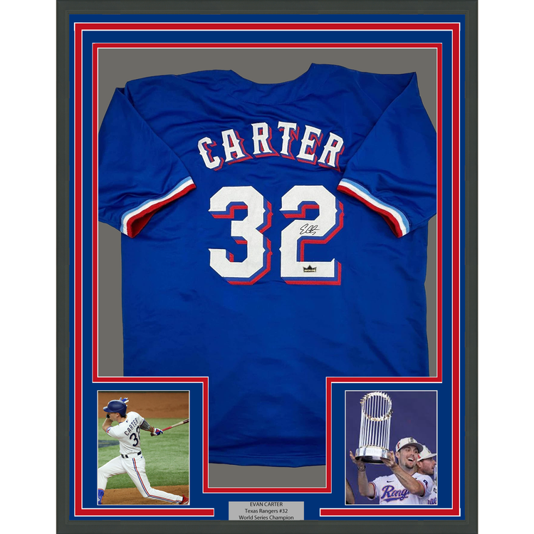 Framed Facsimile Autographed Evan Carter 35x39 Texas Blue Reprint Laser Auto Baseball Jersey