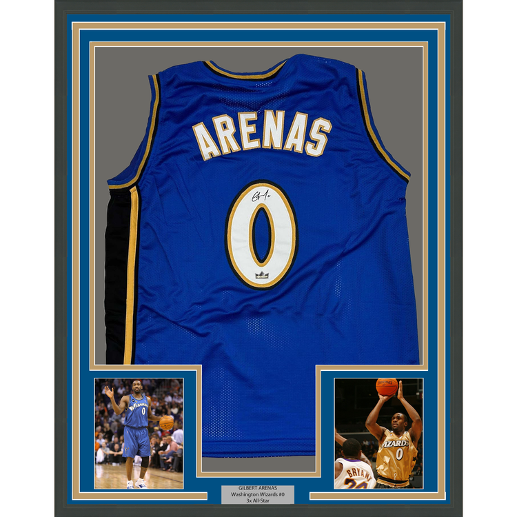 Framed Facsimile Autographed Gilbert Arenas 35x39 Washington Blue Reprint Laser Auto Basketball Jersey