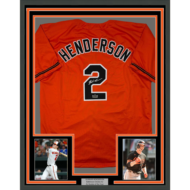 Framed Facsimile Autographed Gunnar Henderson 35x39 Baltimore Orange Reprint Laser Auto Baseball Jersey