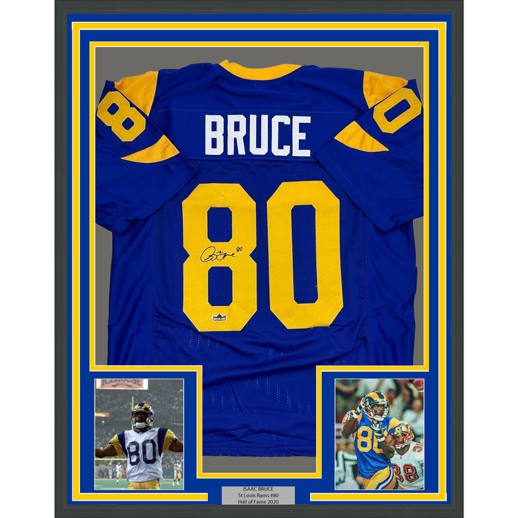 Framed Facsimile Autographed Isaac Bruce 35x39 St. Louis Royal Blue Retro Reprint Laser Auto Football Jersey
