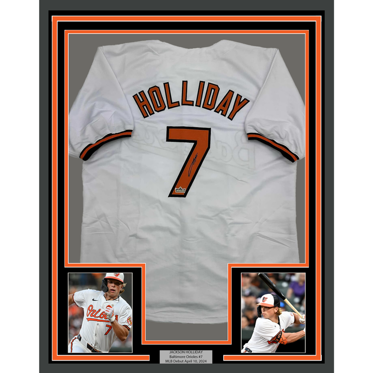Framed Facsimile Autographed Jackson Holliday 35x39 Baltimore White Reprint Laser Auto Baseball Jersey