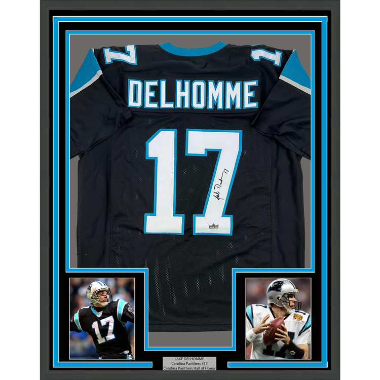 Framed Facsimile Autographed Jake Delhomme 35x39 Carolina Black Reprint Laser Auto Football Jersey