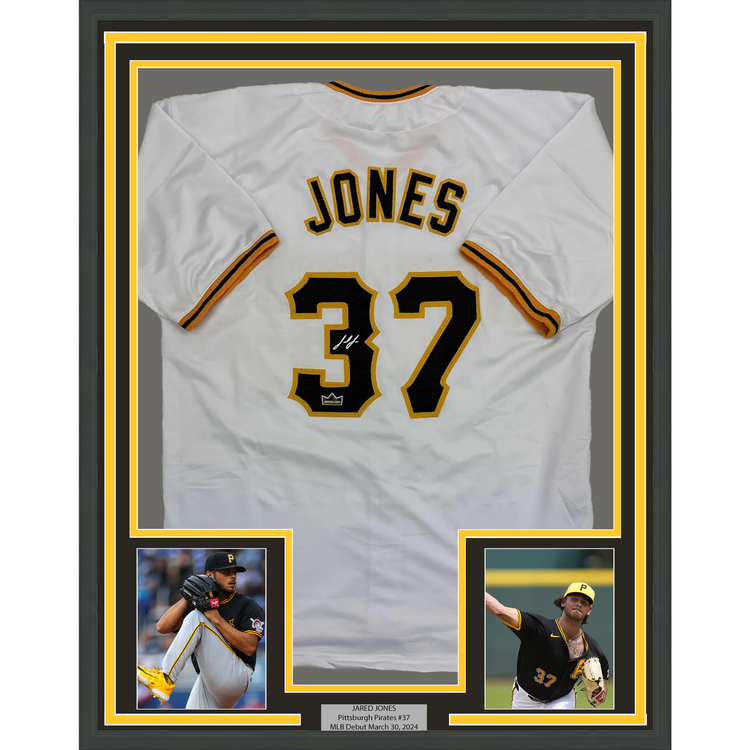 Framed Facsimile Autographed Jared Jones 35x39 Pittsburgh White Reprint Laser Auto Baseball Jersey