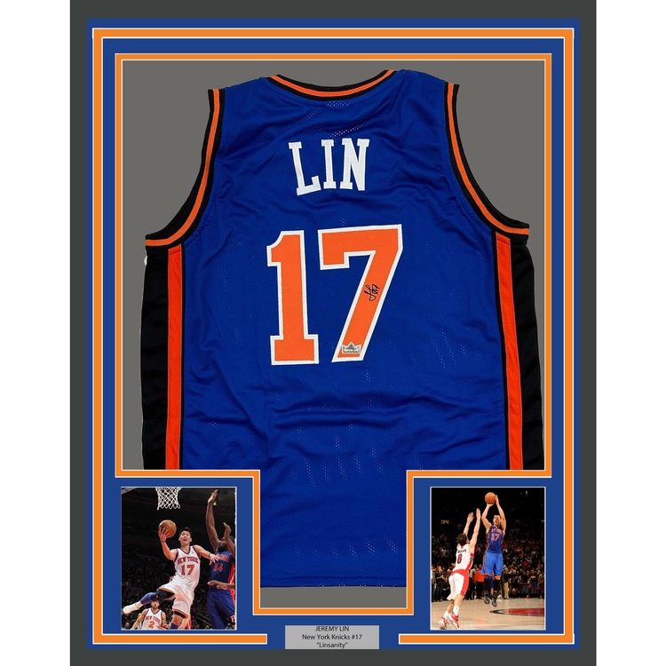 Framed Facsimile Autographed Jeremy Lin 35x39 New York Blue Reprint Laser Auto Basketball Jersey