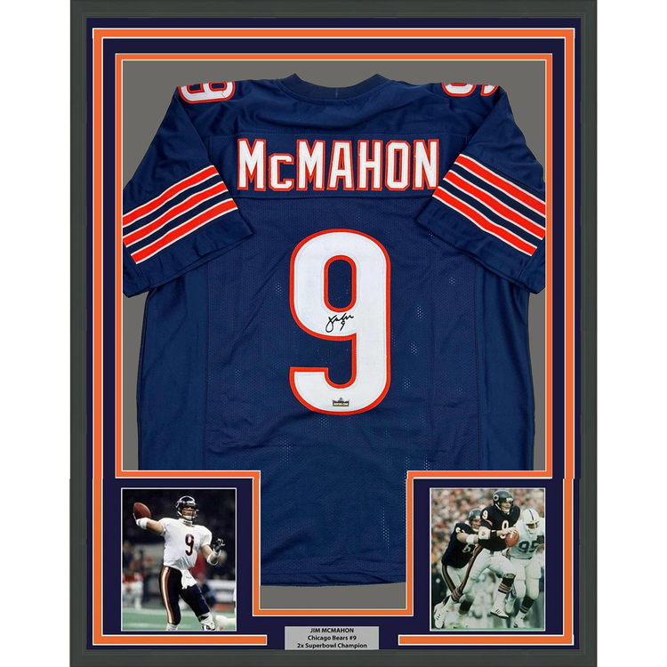 Framed Facsimile Autographed Jim McMahon 35x39 Chicago Blue Reprint Laser Auto Football Jersey