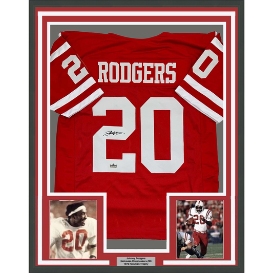 Framed Facsimile Autographed Johnny Rodgers 35x39 Nebraska  Red Reprint Laser Auto College Football Jersey