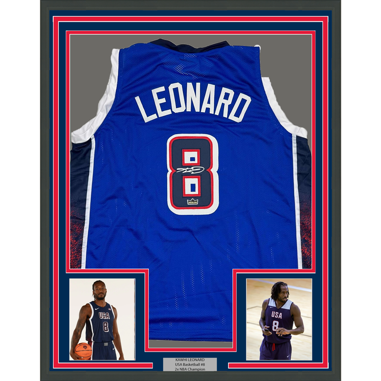 Framed Facsimile Autographed Kawhi Leonard 35x39 2024 United States Team USA Blue Reprint Laser Auto Basketball Jersey