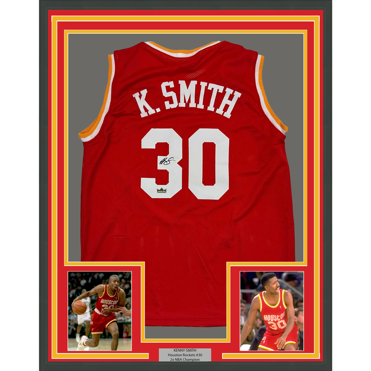Framed Facsimile Autographed Kenny Smith 35x39 Houston Red Reprint Laser Auto Basketball Jersey