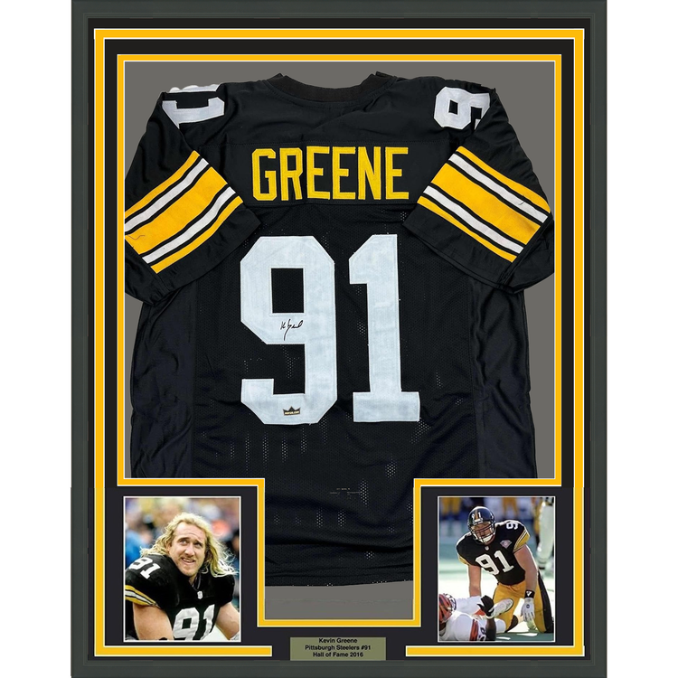 Framed Facsimile Autographed Kevin Greene 35x39 Pittsburgh Black Reprint Laser Auto Football Jersey