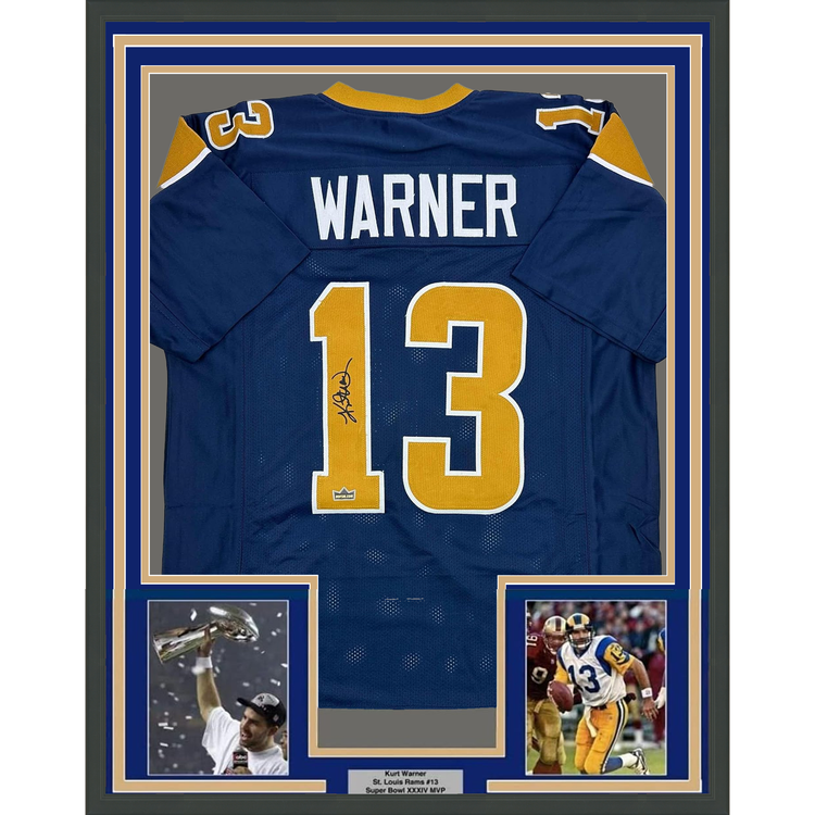 Framed Facsimile Autographed Kurt Warner 35x39 St. Louis Navy Blue Reprint Laser Auto Football Jersey
