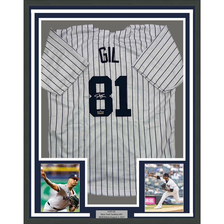 Framed Facsimile Autographed Luis Gil 35x39 New York Pinstripe Reprint Laser Auto Baseball Jersey