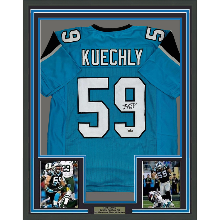 Framed Facsimile Autographed Luke Kuechly 35x39 Carolina Blue Reprint Laser Auto Football Jersey