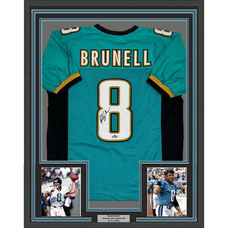 Framed Facsimile Autographed Mark Brunell 35x39 Jacksonville Teal Reprint Laser Auto Football Jersey