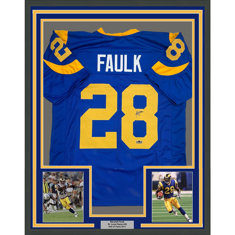 Framed Facsimile Autographed Marshall Faulk 35x39 St. Louis Royal Blue Retro Reprint Laser Auto Football Jersey