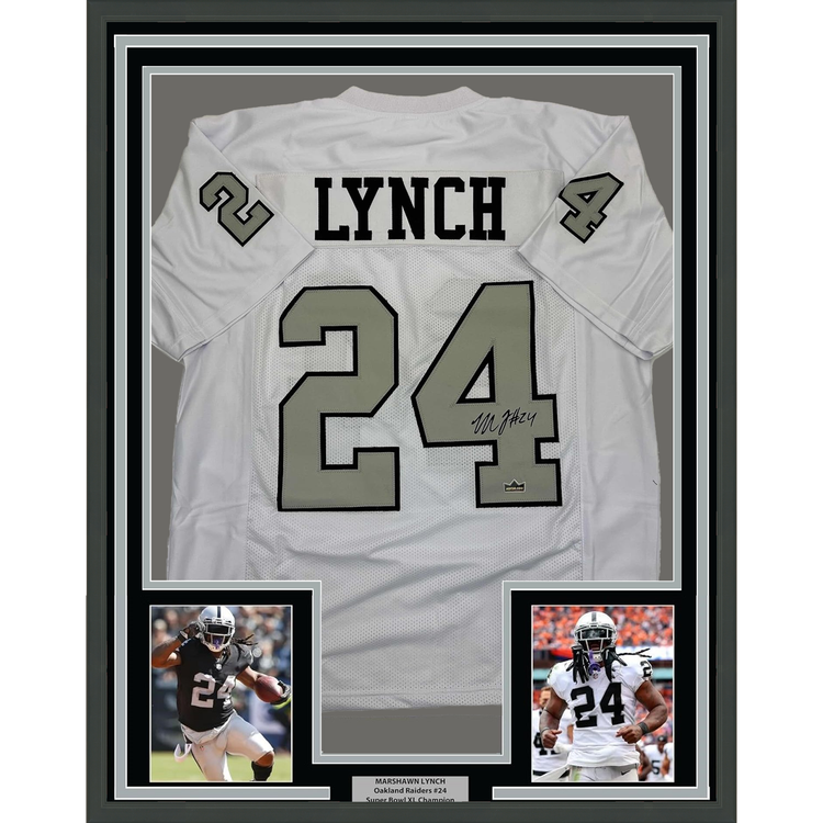 Framed Facsimile Autographed Marshawn Lynch 35x39 Oakland Las Vegas Color Rush Reprint Laser Auto Football Jersey