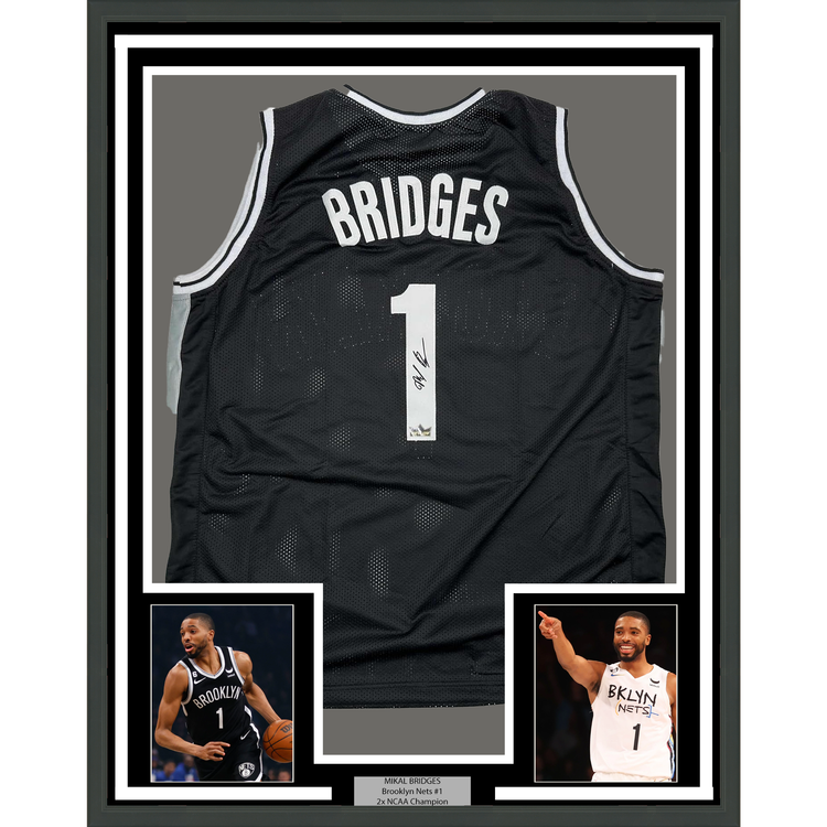 Framed Facsimile Autographed Mikal Bridges 35x39 Brooklyn Black Reprint Laser Auto Basketball Jersey
