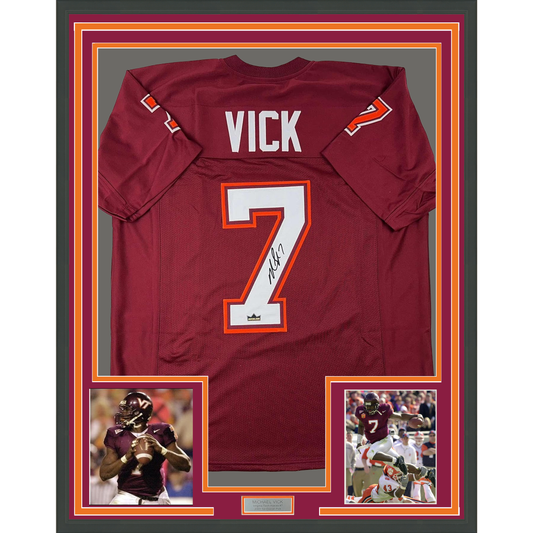 Framed Facsimile Autographed Michael Mike Vick 35x39 Virginia Tech Maroon Reprint Laser Auto College Football Jersey