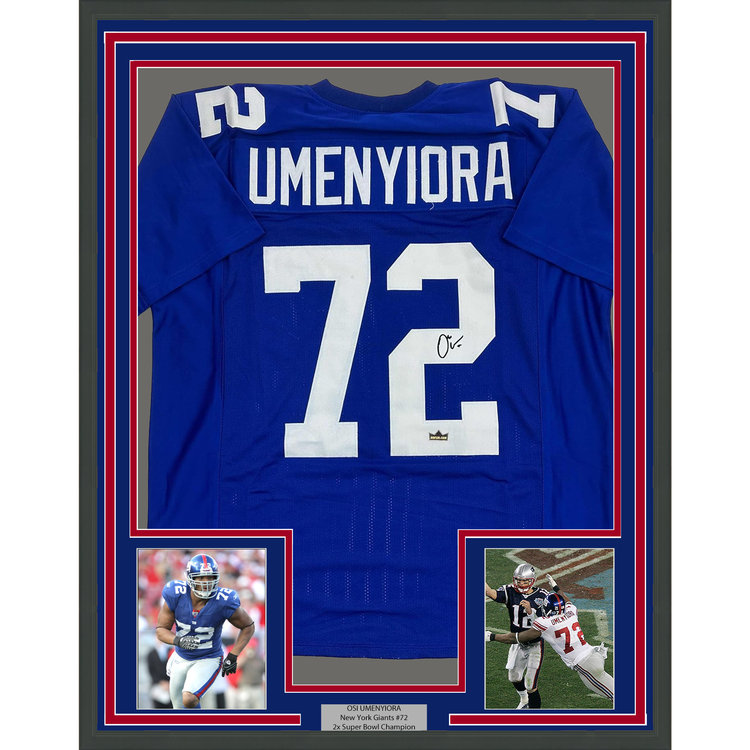 Framed Facsimile Autographed Osi Umenyiora 35x39 New York Blue Reprint Laser Auto Football Jersey