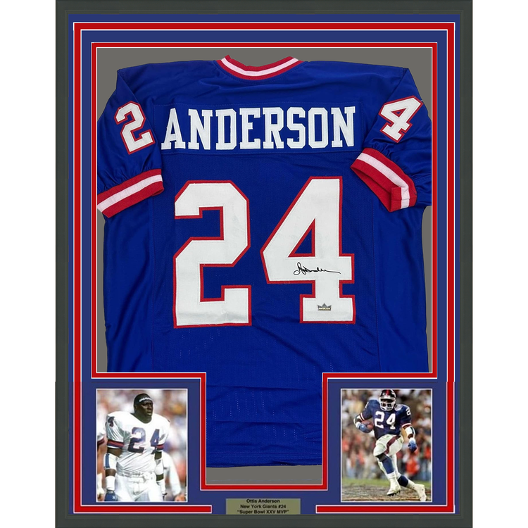 Framed Facsimile Autographed Ottis Anderson 35x39 New York Blue Reprint Laser Auto Football Jersey