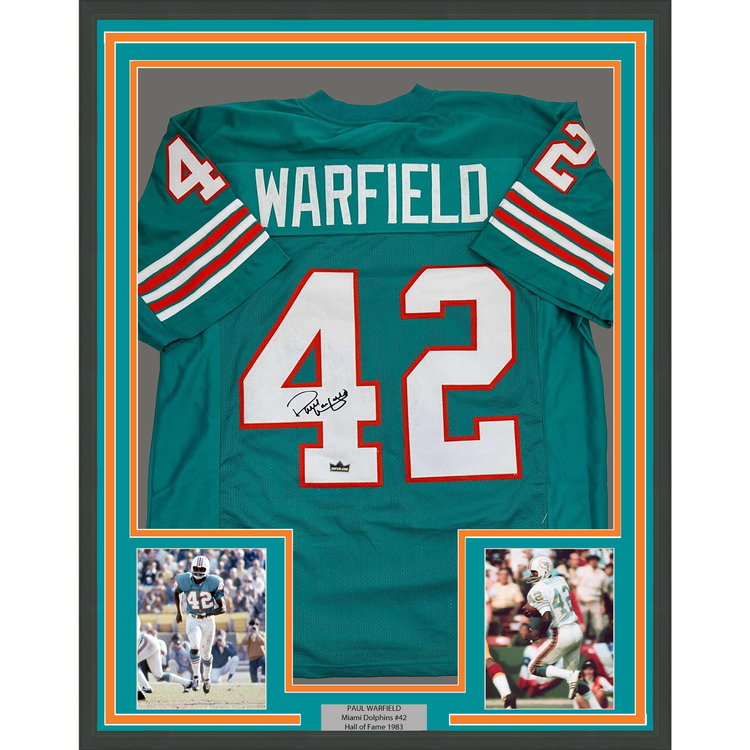Framed Facsimile Autographed Paul Warfield 35x39 Miami Teal Reprint Laser Auto Football Jersey