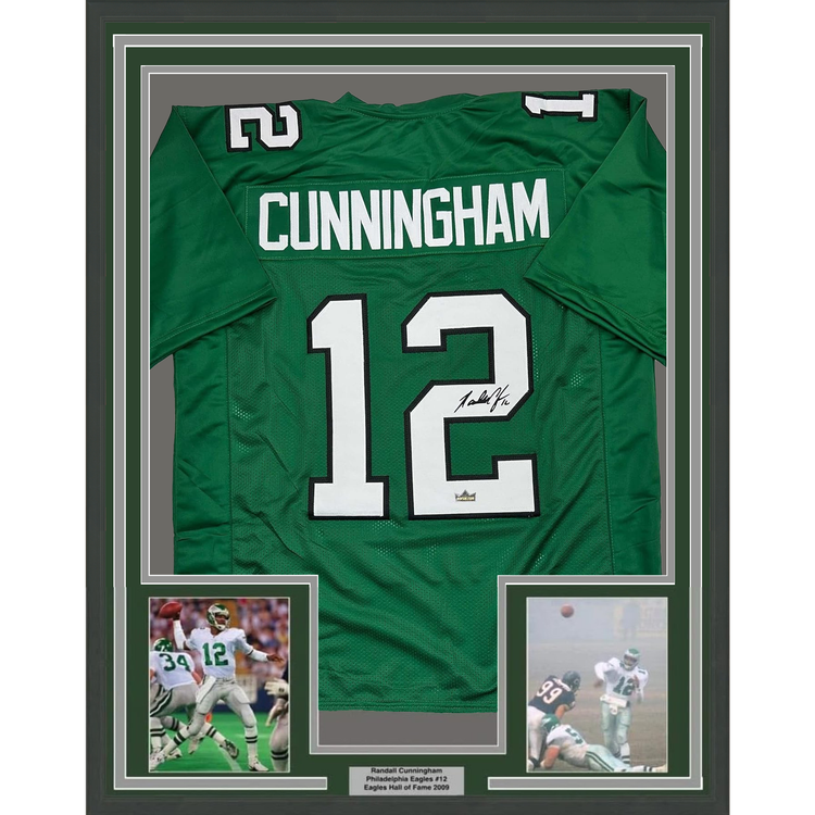 Framed Facsimile Autographed Randall Cunningham 35x39 Philadelphia Kelly Green Reprint Laser Auto Football Jersey