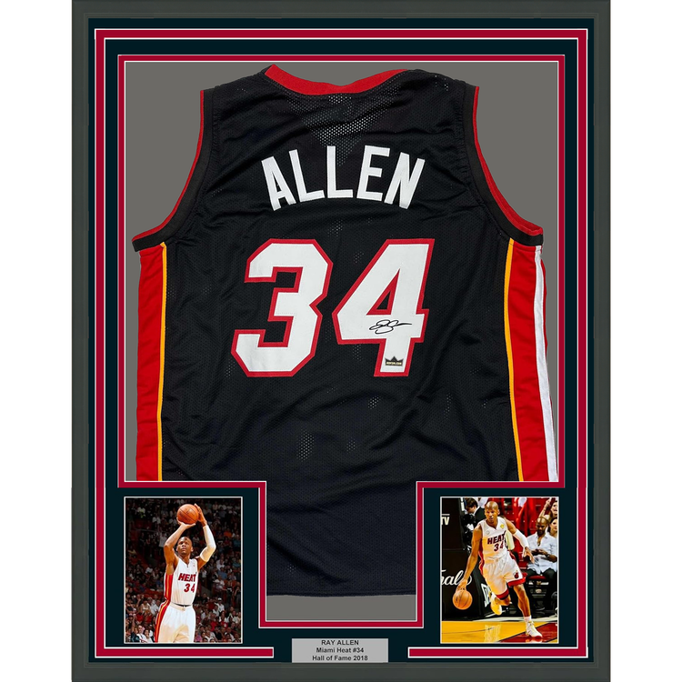 Framed Facsimile Autographed Ray Allen 35x39 Miami Black Reprint Laser Auto Basketball Jersey