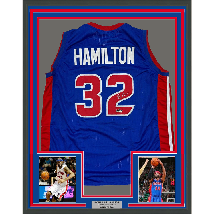 Framed Facsimile Autographed Richard Hamilton 35x39 Detroit Blue Reprint Laser Auto Basketball Jersey