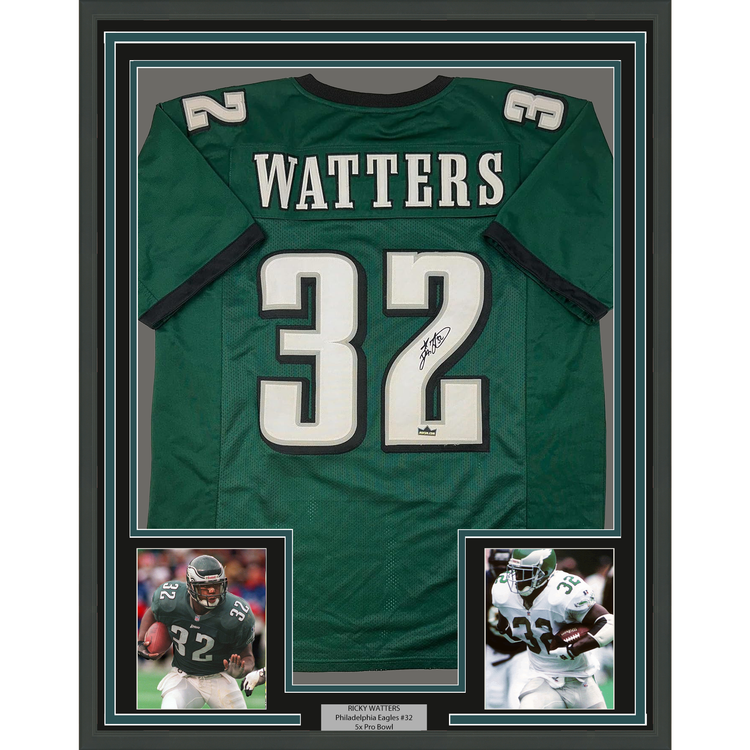 Framed Facsimile Autographed Ricky Watters 35x39 Philadelphia Green Reprint Laser Auto Football Jersey