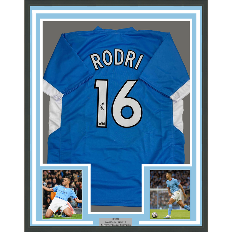 Framed Facsimile Autographed Rodri Rodrigo Cascante 35x39 Manchester City Blue Reprint Laser Auto Soccer Jersey