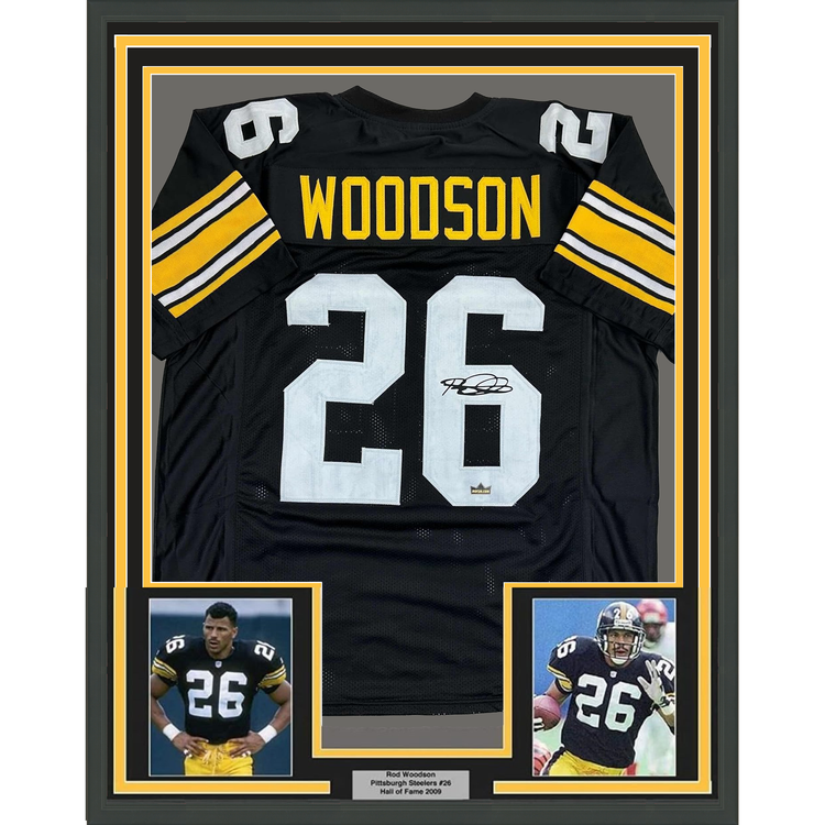 Framed Facsimile Autographed Rod Woodson 35x39 Pittsburgh Black Reprint Laser Auto Football Jersey