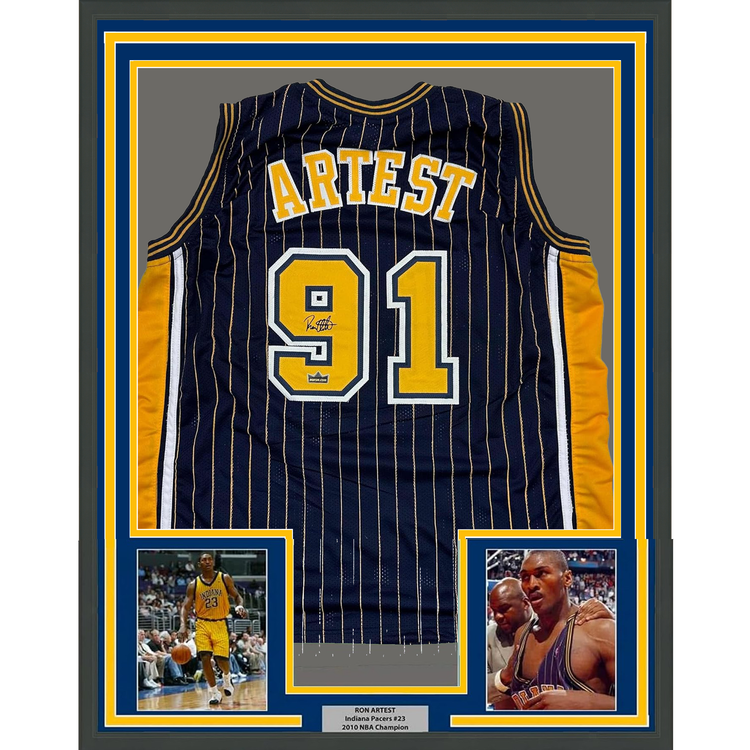 Framed Facsimile Autographed Ron Artest 35x39 Indiana Blue Pinstripe Reprint Laser Auto Basketball Jersey