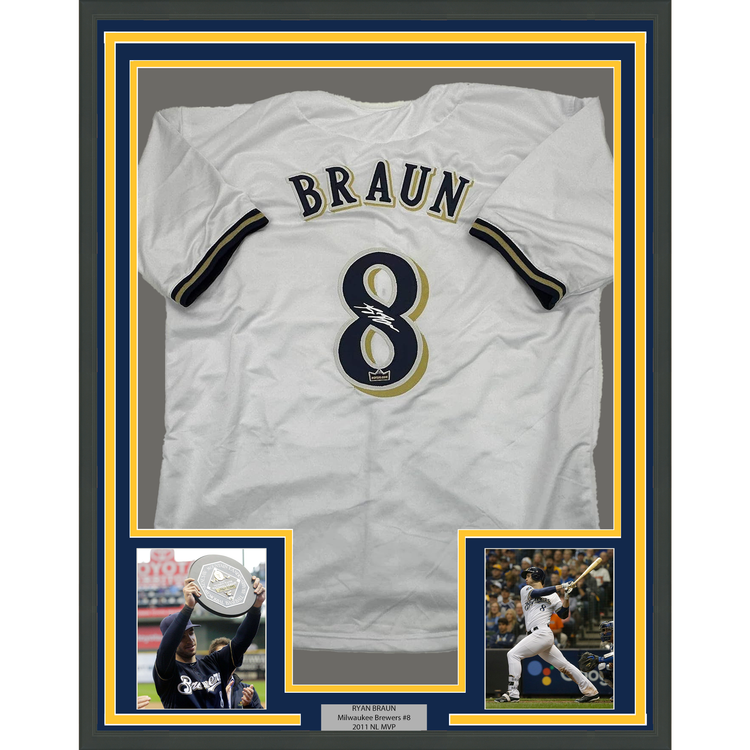 Framed Facsimile Autographed Ryan Braun 35x39 Milwaukee White Reprint Laser Auto Baseball Jersey