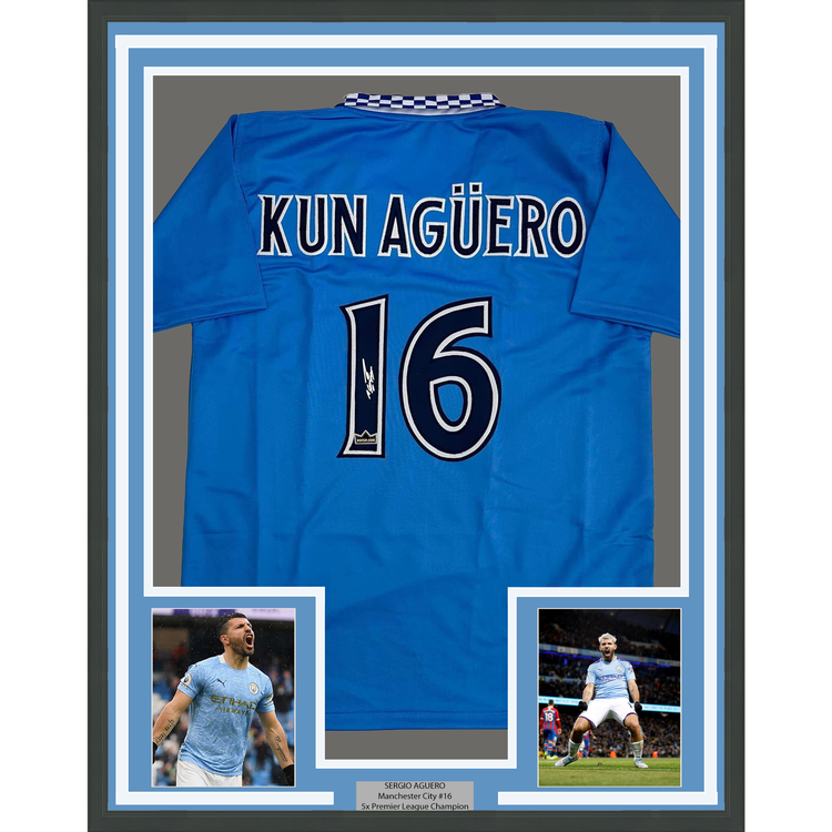 Framed Facsimile Autographed Sergio Kun Aguero 35x39 Manchester City Blue Reprint Laser Auto Soccer Jersey