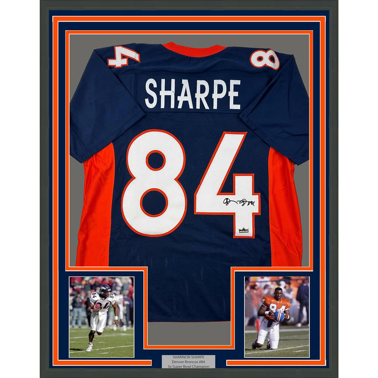 Framed Facsimile Autographed Shannon Sharpe 35x39 Denver Blue Reprint Laser Auto Football Jersey
